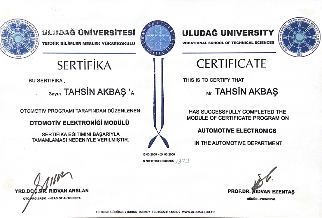 AKBAŞ OTOMOTİV ustalık belgesi